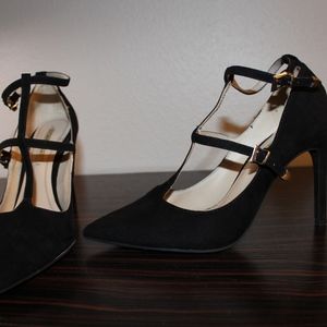 black T-strap heels